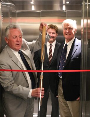 City of Norwalk Mayor Harry Rilling, David Westmoreland, Chairman, Norwalk Historical Commission, and Port Draper, LMMM Trustee in the newly designed ADA elevator, 2015