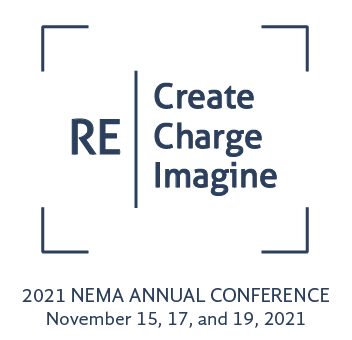 Blue open square with the words Re/Create, Re/Charge, Re/Imagine inside. Text bellow image reads 2021 Annual Conference; November 15, 17, and 19, 2021